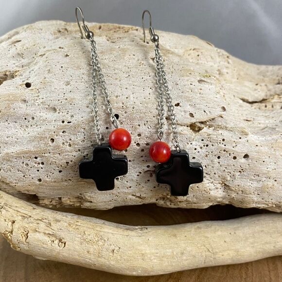 Black Onyx Stone Cross Chain Dangle Earrings - Picture 1 of 4